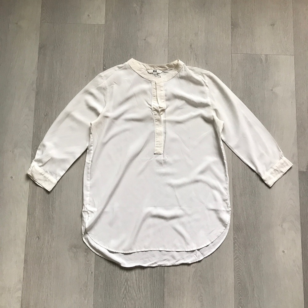 UNIQLO WHITE HENLEY LONG SLEEVE COLLARLESS POPOVER SHIRT TUNIC BLOUSE WOMENS S